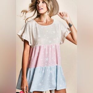 3. BRAND NEW BiBI Tiered Star Print Ruffle Sleeve Top - Beige Pink Blue